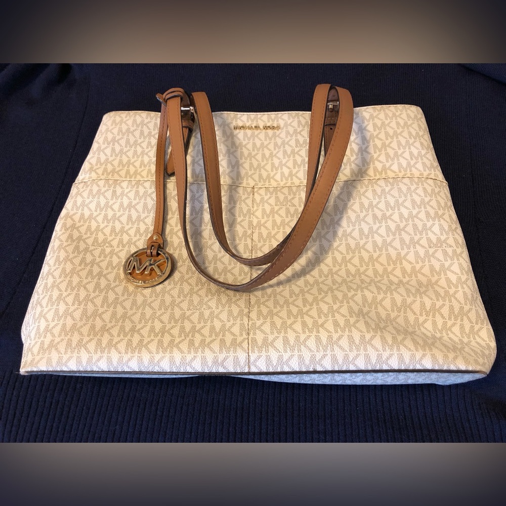 MICHAEL KORS MK SIGNATURE LOGO Jet Set Tote Bag/ Shoulder Bag Top Zip VANILLA